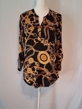 d.n.a. couture Black Blouse with Gold Chain & Medallion Print